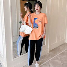 卓贝欣孕妇夏装套装2021年新款夏款时尚减龄短袖t恤夏季潮妈夏天上衣宽松托腹裤两件套潮妈 单件 橘色上衣 M