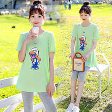 孕妇装夏装2021新款薄款孕妇夏装时尚款套装宽松中长款短袖T恤上衣服两件套潮妈连衣裙女 绿色上衣 M【建议90-120斤】