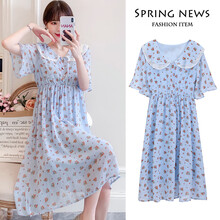 敏潮格伦孕妇夏装~2021新款长款小碎花雪纺连衣裙时尚潮妈 浅蓝色 3XL