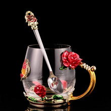【轻奢高端】珐琅彩咖啡杯   欧式水晶玻璃杯家用杯子简约带把花茶水杯珐琅彩手柄茶杯礼物礼品 玫瑰红色矮+勺子简单装