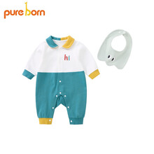 京东超市	
pureborn博睿恩新生婴儿连体衣春款纯舒适卡通印花爬服宝宝带围嘴哈衣 青绿 1-2岁