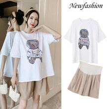 伊沐纯孕妇夏装潮妈孕妇夏季套装时尚款2021新款T恤上衣+短裤两件套 181#白色小熊套装 XL