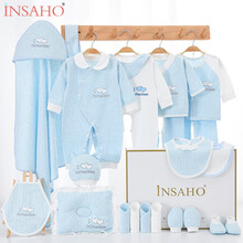 INSAHO 婴儿衣服礼盒新生儿全棉春夏四季新生儿礼盒套装满月礼物幼儿初生礼百岁礼刚出生宝宝送礼用品 YEF002 （四季薄款）淡蓝色 21件套 59cm（出生礼0-3个月）