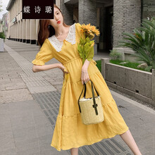 蝶诗璐 孕妇夏装时尚连衣裙2021新款时尚大码长裙孕妇可调节洋气夏天裙子孕妈装 黄色 M
