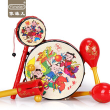 依妹儿拨浪鼓婴儿玩具抓握训练可啃咬手摇鼓传统红色吉祥鼓5件套装乐器组合
