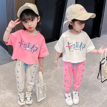 带禧兔童装女童套装夏装儿童套装女宝宝衣服夏季运动幼童中小童夏款1-7岁女孩休闲短袖T恤裤子两件套 卡通款（粉色） 110码建议身高95-105cm
