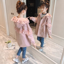 榴芒贝贝女童外套春秋装2021新款韩版儿童外套大童时尚风衣外套小女孩洋气中长款春秋季外套潮3到15岁 粉红色 150码 建议身高140厘米左右