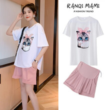 苒琦妈咪孕妇套装夏装时尚款2021新款潮妈短袖上衣夏季t恤短裤外穿休闲孕妈两件套 白色上衣+粉色短裤（套装） XL