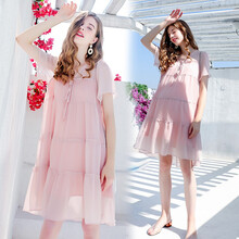 【JD快递】十月名裳 孕妇连衣裙夏季薄款雪纺韩版孕妈装潮欧货洋气上衣外出服短袖孕妇裙 粉色（雪纺裙） L