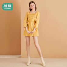 婧麒（JOYNCLEON）孕妇春装七分泡泡袖方领法式连衣裙时尚潮妈个性网红遮孕肚裙 姜黄色 XL jly10658