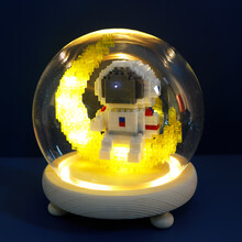 宇航员微粒拼装积木自营模型人仔夜灯成人立体益智玩具中国航空太空减压神器拼装减压高难度生日礼物摆件卡通 2141-1发光月亮宇航员+玻璃罩直径12cm