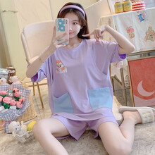 回访人孕妇睡衣夏季薄款产后纯棉短袖哺乳睡衣月子服5月份6怀孕期家居服 D-短袖紫色# 女款L码 100-120斤