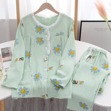 夏季4五月份月子服夏孕妇睡衣薄款哺乳产后产妇纱布纯棉夏天5喂奶 SY-(圆领绉纱)绿底太阳花 XL