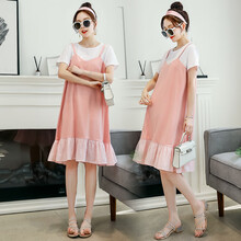 孕妇装夏装2021新款薄款孕妇装连衣裙夏装潮款假两件裙子仙女孕妈宽松夏季连体群 粉色裙子 M【建议90-115斤】
