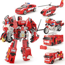 合金仿真车变形机器人玩具金刚大力神工程车消防车警车汽车模型男孩学生启蒙玩具儿童合金小汽车六一儿童节礼 【KY308】五合一合金消防车