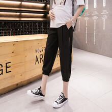 敏潮格伦孕妇裤子女夏季薄款外穿七分裤潮妈休闲运动裤小个子棉麻中裤夏装 黑色 M