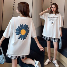 伊沐纯孕妇装套装夏孕妇短袖T恤上衣外穿短裤潮妈夏季两件套 白色上衣+格子短裤 XL