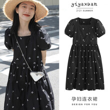 奕雅轩孕妇装夏装连衣裙时尚泡泡袖气质甜美初恋裙宽松刺绣中长款夏季裙子 黑色连衣裙 L