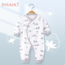 INSAHO婴儿衣服新生儿连体衣夏季薄款夏装外出服爬爬服适用0~6个月男女无骨纯棉透气舒适 DJYF016【四季款两件套】系带灰色小象 59cm(0-3个月)