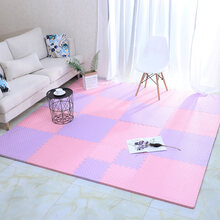 婴儿防摔垫铺地 爬爬垫拼接婴儿夏季铺地可拆洗泡沫板儿童加厚家用防摔垫子地垫 粉+紫 圆叶纹30x30x1.2cm【16片】无异味