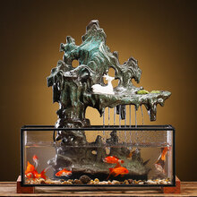 新中式假山喷泉流水办公室桌面摆件转运景观鱼缸开业乔迁礼品 崇山峻岭流水鱼缸摆件(赠送绿植文竹+石头)