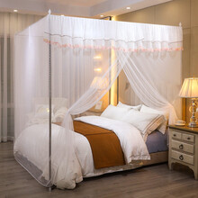 莱子家纺 宫廷老式方顶家用蚊帐1.5m双人1.8米不锈钢支架落地加密公主蚊帐1 白色(碎花单门)＋25不锈钢支架 1.8m(6英尺)床