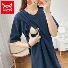 猫人产后哺乳衣连衣裙中长款夏装月子服外出短袖喂奶衣服夏季家居睡裙 藏青色50款 XL