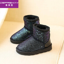 圣芙恺 儿童雪地靴加绒加厚保暖短靴2020冬季女童亮片防滑棉鞋男童宝宝保暖棉靴子低筒靴 黑色 25码内长16CM