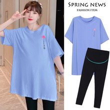 南叮雅格孕妇装夏套装2021时尚新款宽松大码短袖T恤棉休闲上衣夏季托腹裤套装潮妈 蓝色【单件上衣】 M