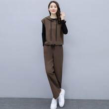 2021秋季新款卫衣女时尚休闲女装阔腿裤显瘦卫衣两件套洋气减龄时髦套装 咖啡色 S