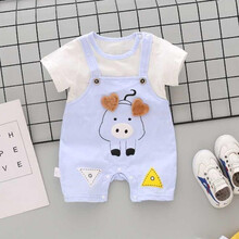 婴儿夏装连体衣女宝宝哈衣夏天短袖外出服新生儿衣服夏季薄款 蓝色 背带假两件小猪 80 码8-12个月