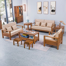 寻古红木家具非洲鸡翅木（学名：非洲崖豆木）沙发实木新中式原木全实木布艺结合沙发椅组合Q 沙发八件套(配方凳)