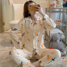 【多款可选】长袖睡衣女春秋季女士卡通月子服学生家居服夏季套装b 小猪黄色 【M码建议:80-95斤】