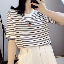 韵暖香 哺乳上衣夏季外出穿时尚辣妈款条纹针织冰丝T恤喂奶衣服百搭短袖潮妈 白色哺乳 均码