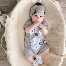 亲青宝贝 新生婴儿连体衣夏装薄款衣服6-12个月男宝宝短袖哈衣新生夏装 灰色 100cm