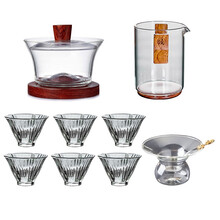 福雁坊 日式玻璃三才盖碗家用办公泡茶器耐热防爆中式透明敬茶碗功夫茶具单个泡茶碗盖杯 宽口木山玻璃盖碗10头茶组