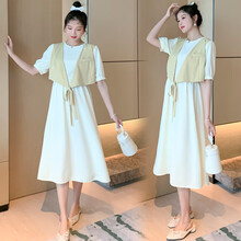 郁莎 孕妇装夏装2021新款修身显瘦假两件连衣裙中长款遮肉潮妈孕妇裙子 浅黄色 L