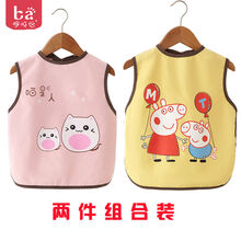 夏季薄款防水无袖食饭兜围兜婴儿围嘴宝宝口水巾男女婴儿童罩衣t 粉色猫星人+黄色小猪坎肩 100 小号(适合0-3岁宝宝)