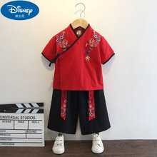 迪士尼旗舰官方店汉服男童夏薄款汉服男童夏装儿童中国风古装周岁衣服表演服宝宝夏季唐装短袖套装 红色 140