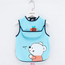 泰缤宝宝吃饭围兜 防水婴儿儿童罩衣男女围嘴口水巾夏季无袖免洗围裙cq 【蓝色】无袖款仰望熊 小码【0-3岁】