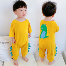 儿童连体睡衣夏季薄款0莫代尔1一3岁2婴儿宝宝家居服4男童空调服5 黄色恐龙 中袖 80cm