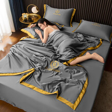 南极人空调被 可水洗冰丝面料夏凉被单人春秋超薄丝滑夏被双人舒适透气清凉夏天被子刺绣夏被四件套 贵族灰 180*220cm(夏被+床单+枕套一对)
