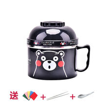 双层不锈钢碗泡面杯卡通饭盒大号泡面碗带盖饭碗筷套装学生 黑色 熊本熊