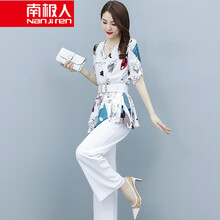 南极人高档品牌女装 夏季新款套装女2021年减龄显瘦网红气质洋气收腰雪纺阔腿裤两件套套装透气显瘦时尚 气质图片色套装 M