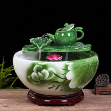 【当日发出,破损包赔】景德镇陶瓷鱼缸客厅喷泉桌面流水圆形增氧泵鱼缸家用小型金鱼缸养鱼盆乌龟盆高颜值 绿荷特大号49CM+过滤绿茶壶