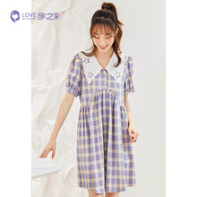 孕之彩孕妇连衣裙夏季镂空绣花大翻领气质短袖裙孕妈时尚复古收腰格子裙 兰色 XL