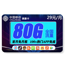 中国移动 移动2g3g4g卡流量卡5G流量上网卡移动手机卡大王卡手机卡全国通用网卡设备卡手表卡 移动美意卡-29元80G高速流量 首月免月租