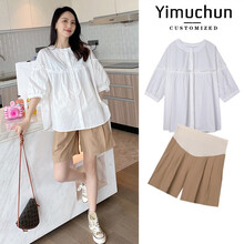 伊沐纯孕妇套装夏季薄款宽松衬衫短袖上衣休闲托腹短裤潮妈洋气孕妇装夏 白色上衣+卡其短裤套装 L