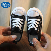 迪士尼小孩子穿的1-7岁春秋夏季儿童帆布鞋女童鞋饼干鞋男童板鞋透气幼儿园小白鞋 A01黑色 23码/内长14.5厘米