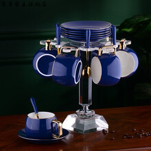 【轻奢高端】北欧简约套装咖啡杯咖啡杯碟欧式简约杯架陶瓷杯家用北欧下午茶水具套装 宝蓝色 6件